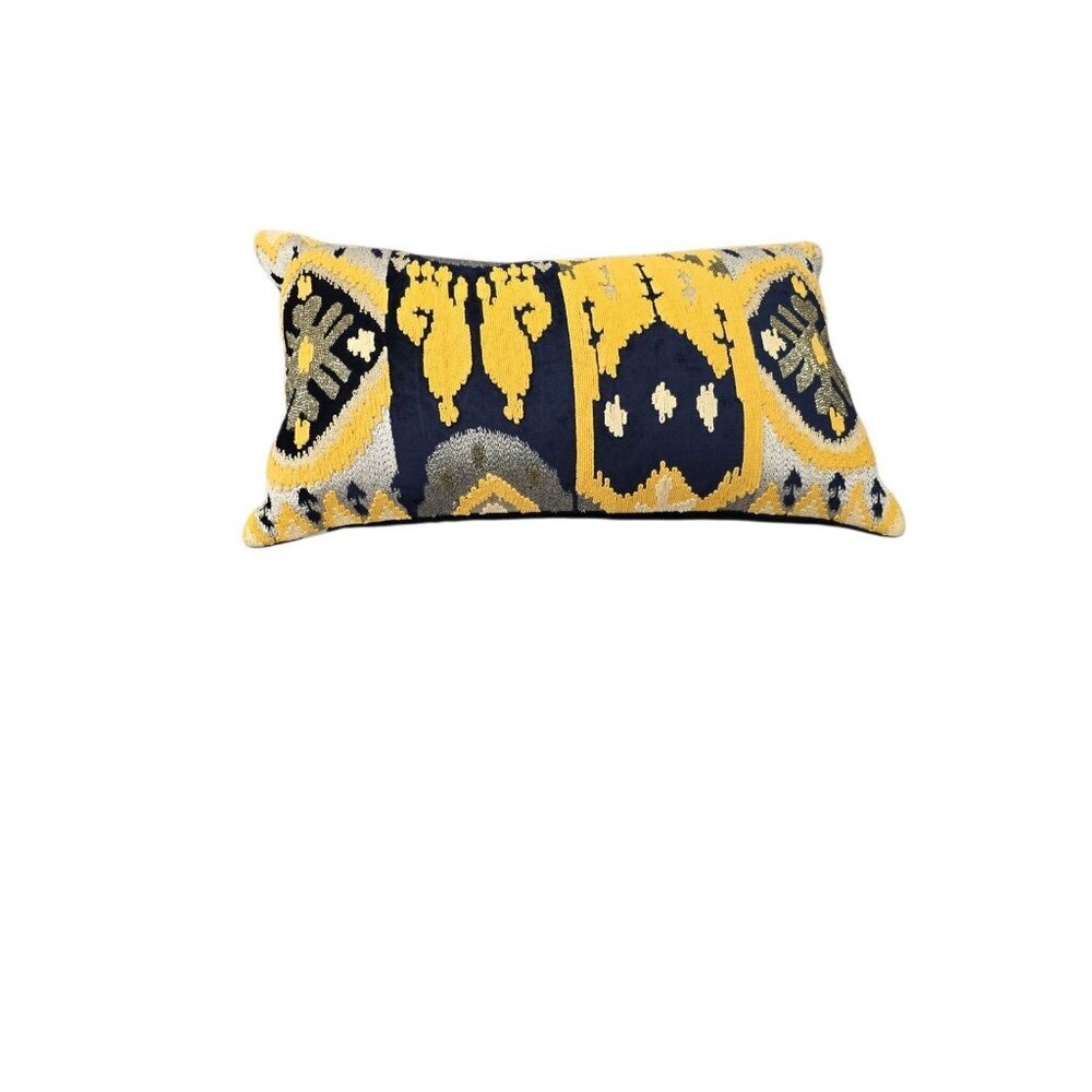 CALLISTO HOME COASTAL MODERN IKAT METALLIC VELVET PILLOW FEATHER DOWN 22X12
